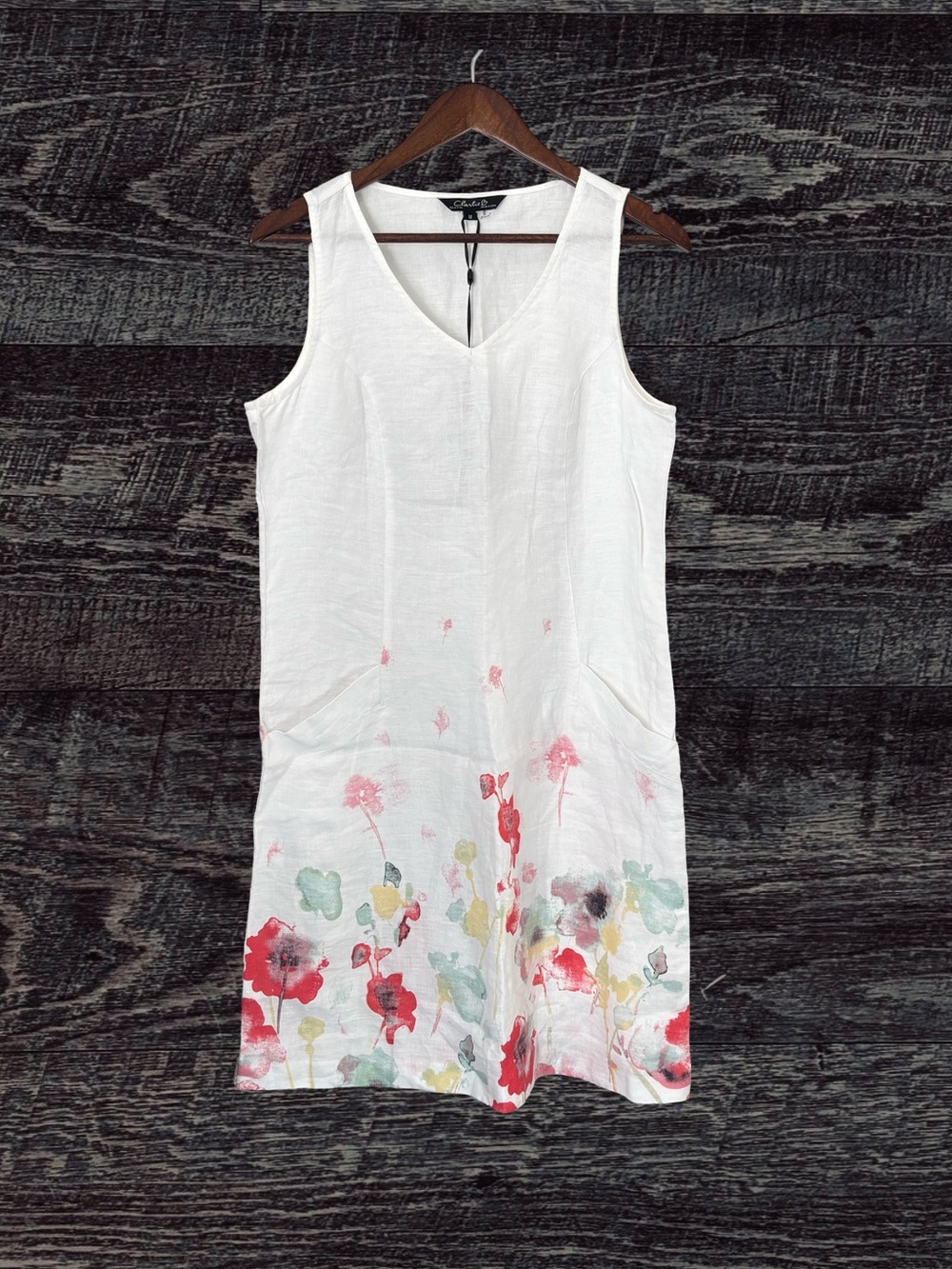 CHARLIE B White Linen Mini Dress with Watercolor Floral Hem